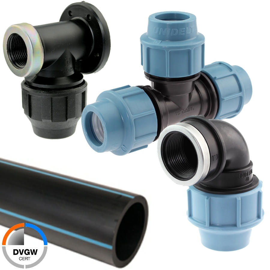 PP compression fittings, PE pipes and accessories