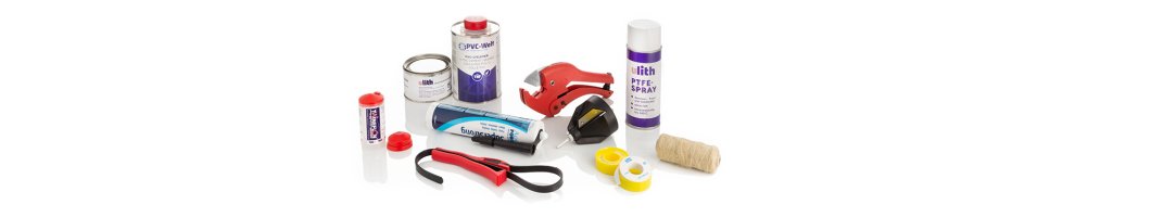 Adhesive, detergent, sealing and tools