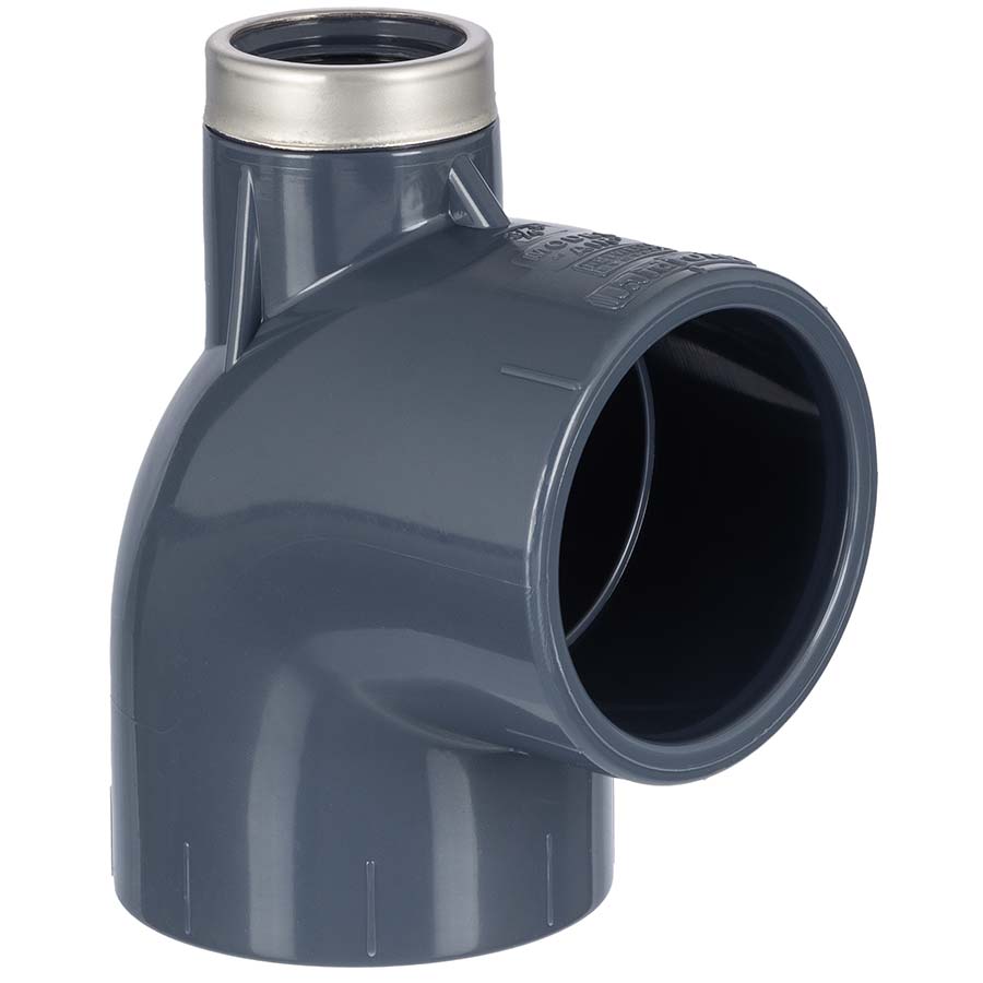 U-PVC solvent elbow 90° with upper reinforced threaded drain