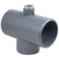 PVC-U T-piece triple glue socket threaded outlet lateral V2A stainless steel ring