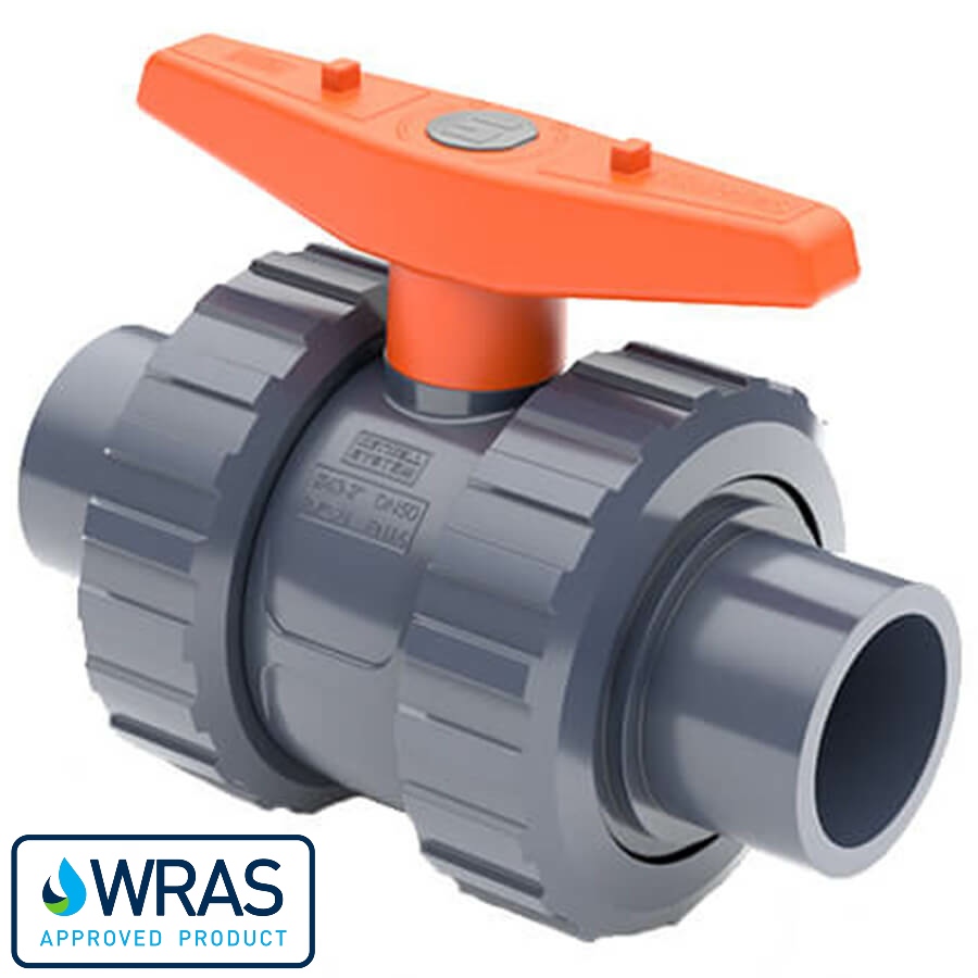 U-PVC and Teflon/EPDM ball valve with solvent male sockets WRAS drinking water