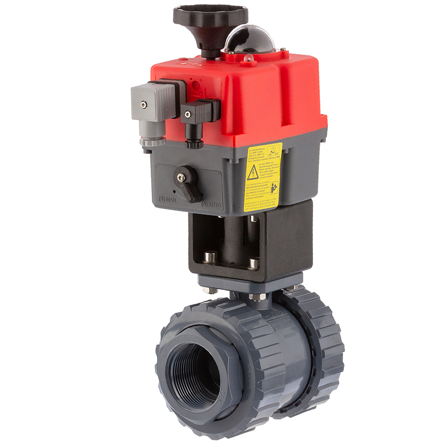 U-PVC 2 way ball valve <strong>PTFE</strong> with electrical actuator - <strong>female thread</strong>
