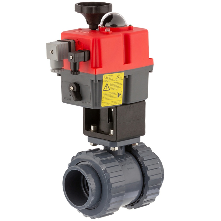 U-PVC 2 way ball valve <strong>PTFE</strong> with electrical actuator <strong>normally closed</strong> - <strong>solvent socket</strong>