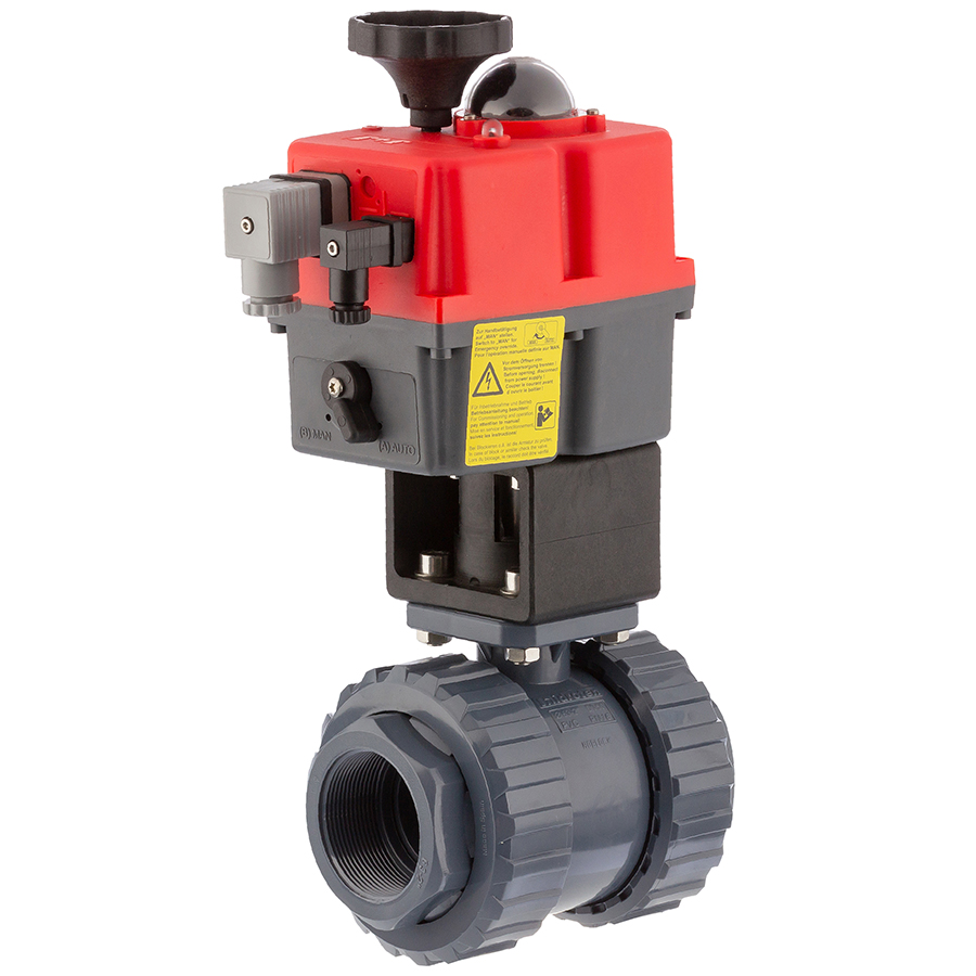 U-PVC 2 way ball valve <strong>PTFE</strong> with electrical actuator <strong>normally closed</strong> - <strong>female thread