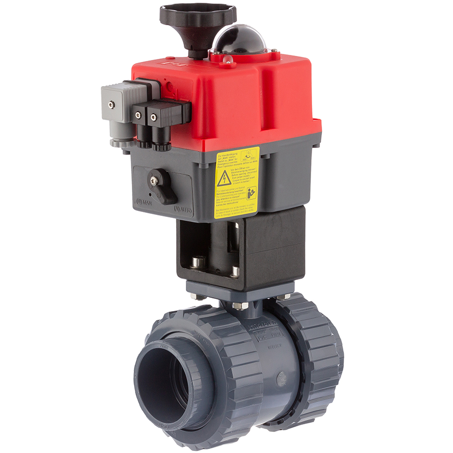 U-PVC 2 way ball valve <strong>PTFE</strong> with electrical actuator <strong>flexible positioning</strong> - <strong>solvent socket