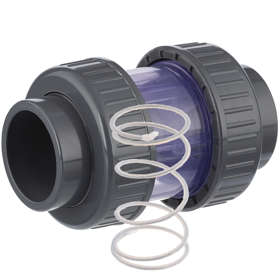 U-PVC solvent check valve with PTFE covered spring - transparent