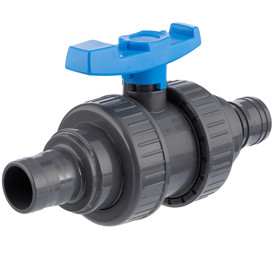 PVC-U ball valve HDPE <b>2 hose nozzles </b>