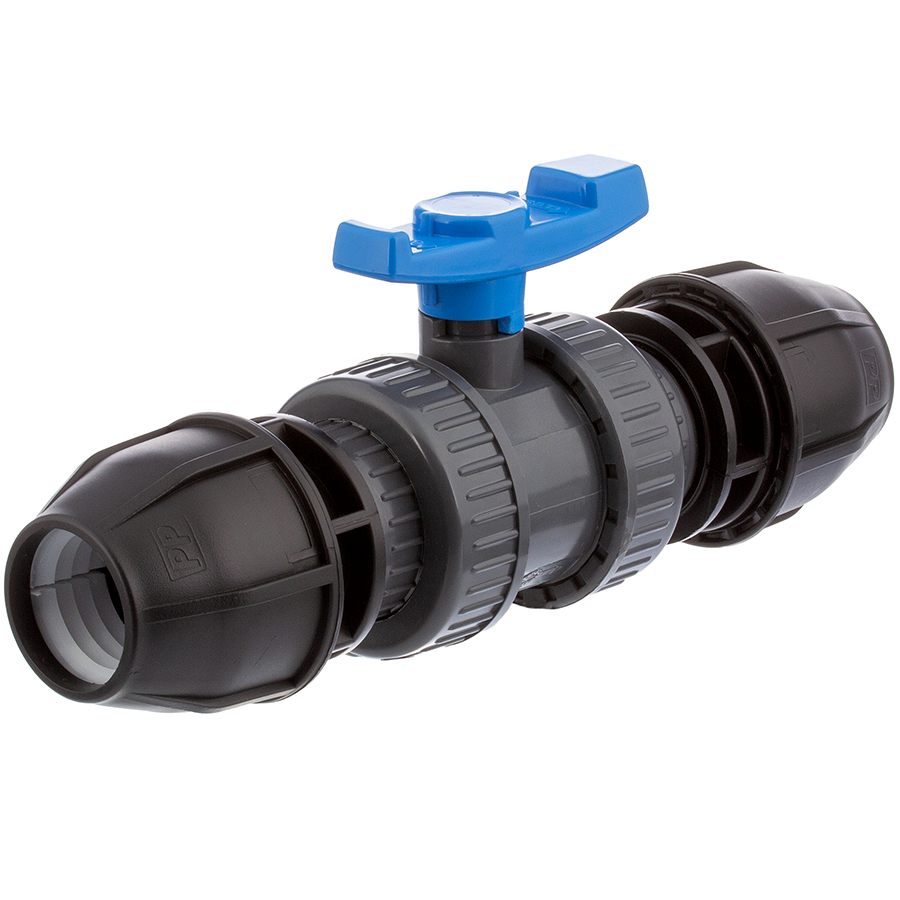 U-PVC and HDPE 2 way ball valve with PP compression fittings for PE-pipes