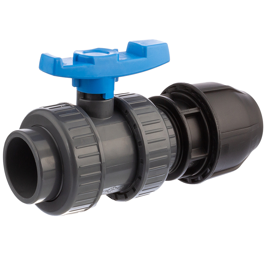 U-PVC and HDPE 2 way solvent ball valve x PP compression fitting for PE-pipes