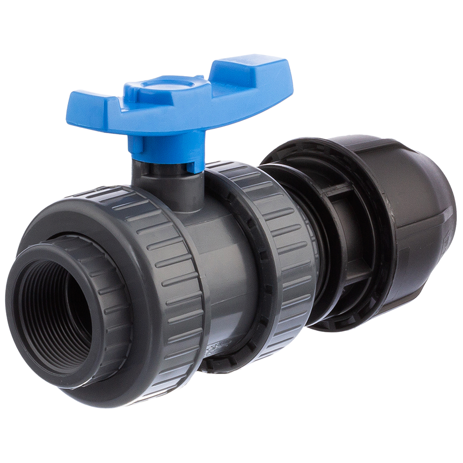 U-PVC and HDPE 2 way female threaded ball valve x PP compression fitting for PE-pipes