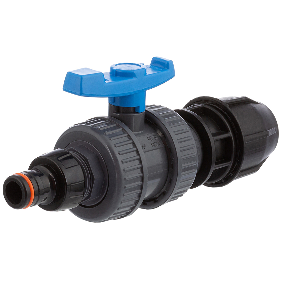 Valvola a sfera a 2 vie in PVC-U e HDPE con QuickConnector e raccordo a compressione per tubi in PE