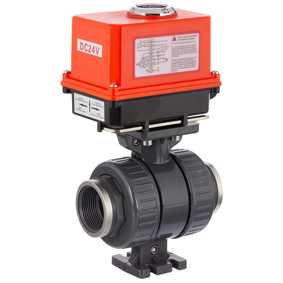 PVC-U 2Wege Kugelhahn PTFE elektrischer Stellantrieb 24V DC <strong>Innengewinde verstärkt</strong>