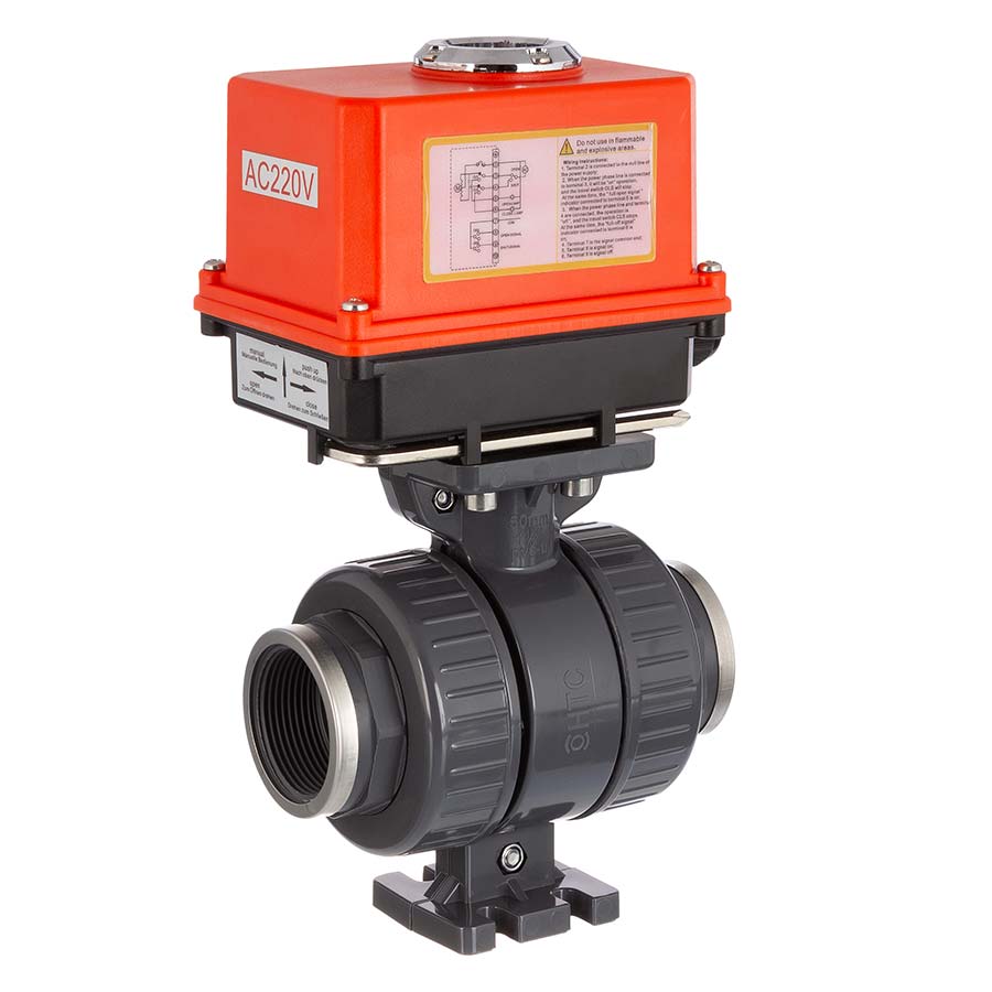 HTC© PVC-U 2-way ball valve <strong>FPM</strong> electric actuator <strong>reinforced femalel thread</strong>
