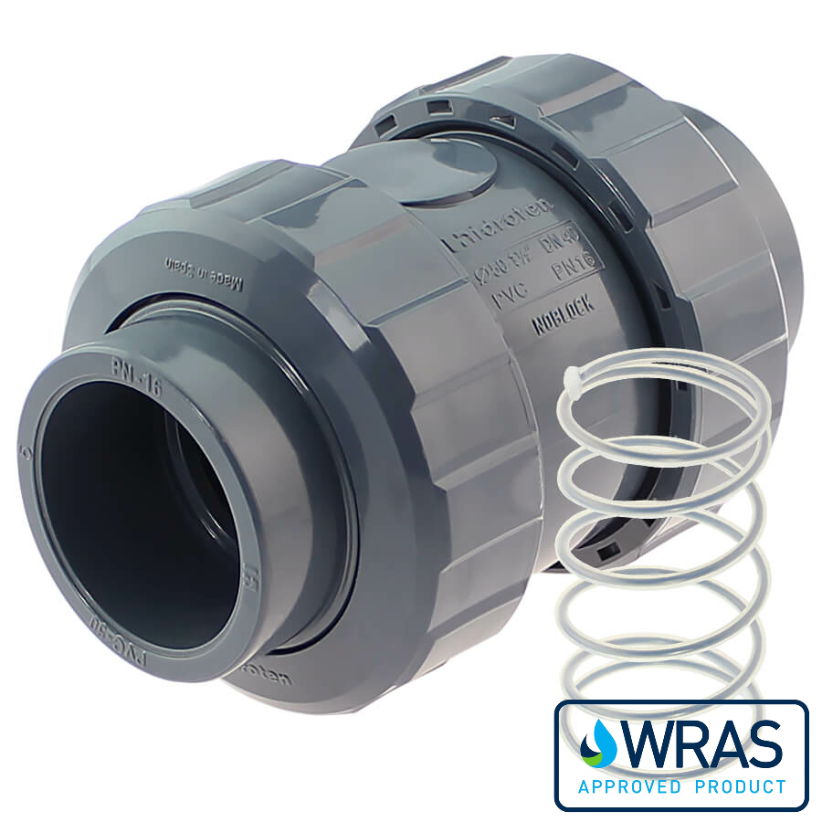 U-PVC solvent check valve with stainless steel PTFE spring