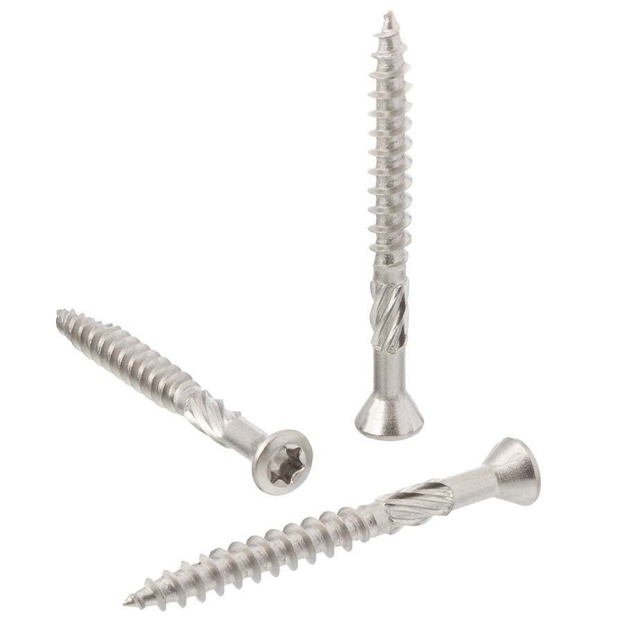 Decking screw with small countersunk head, cutting rips and cutting groove (TX)