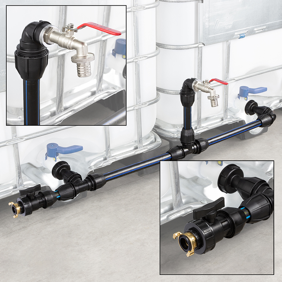 IBC container connection set with swan-neck ball valve spigot and GEKA joint
