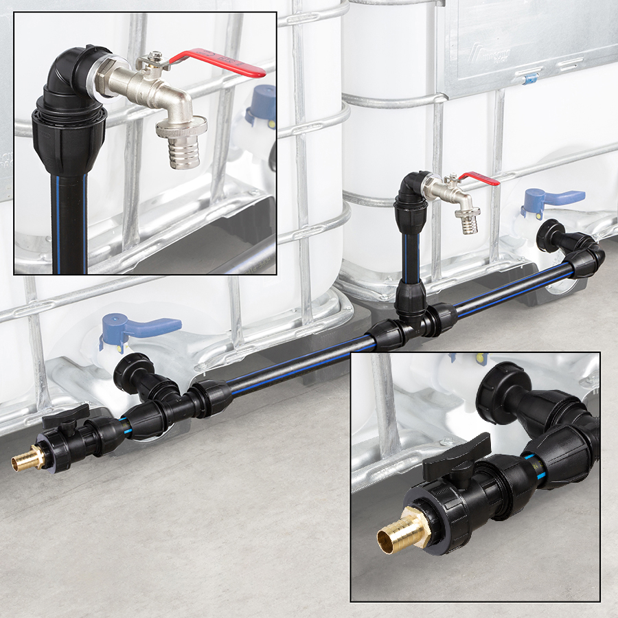 IBC container connection set with swan-neck ball valve spigot and hose tail 32mm