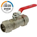 Brass ball valve compression fitting with steel handle, DVGW