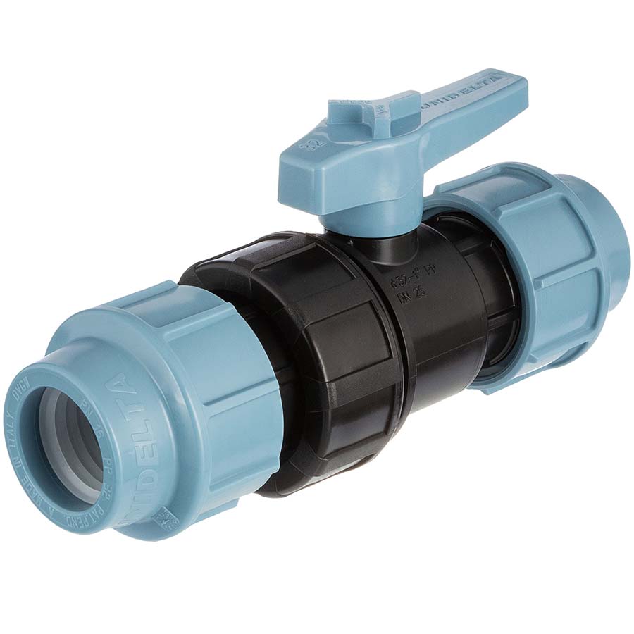 PP 2 way ball valve with compression fittings, DVGW