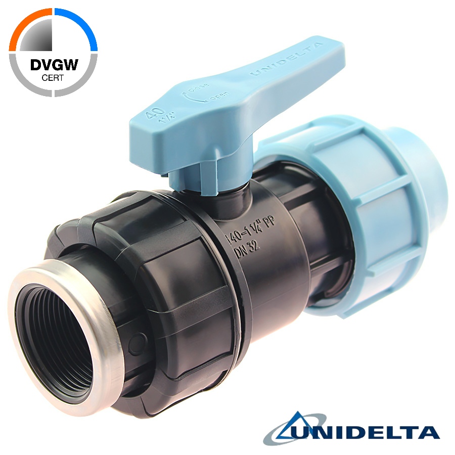 PP 2 way ball valve compression fitting x female thread, DVGW