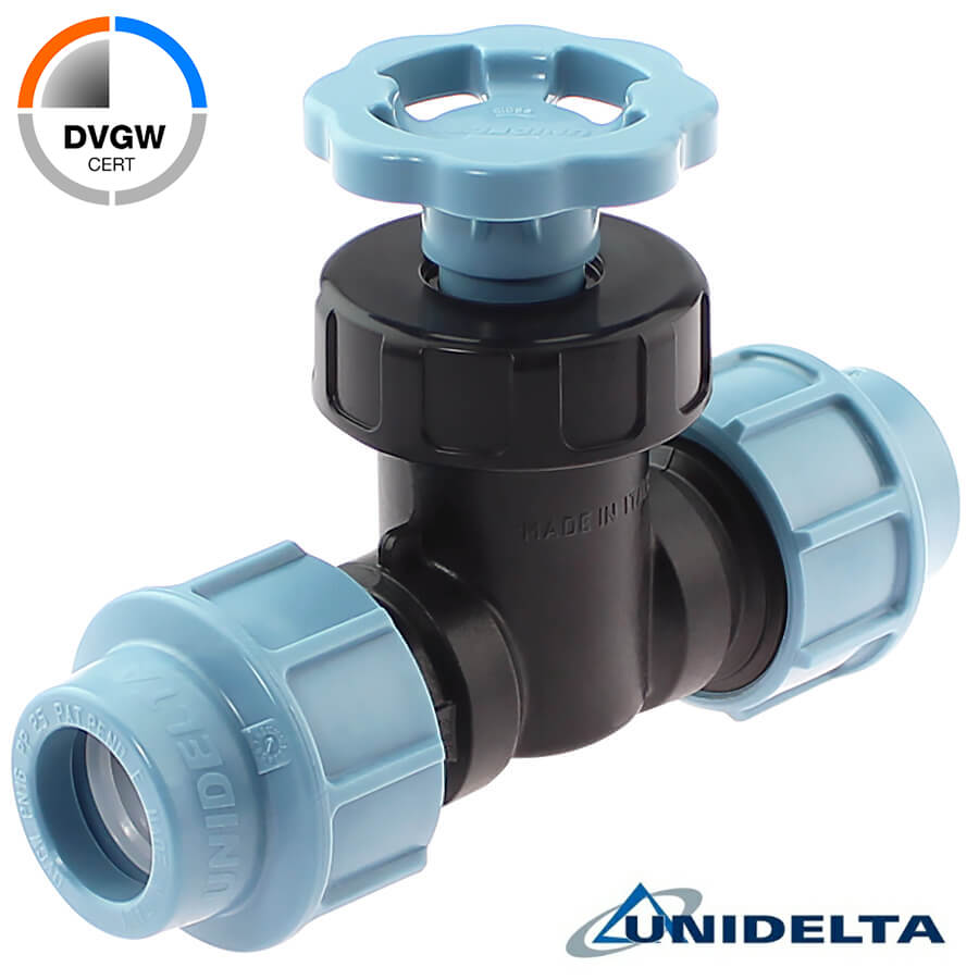 PP straight valve with compression fittings, DVGW Unidelta