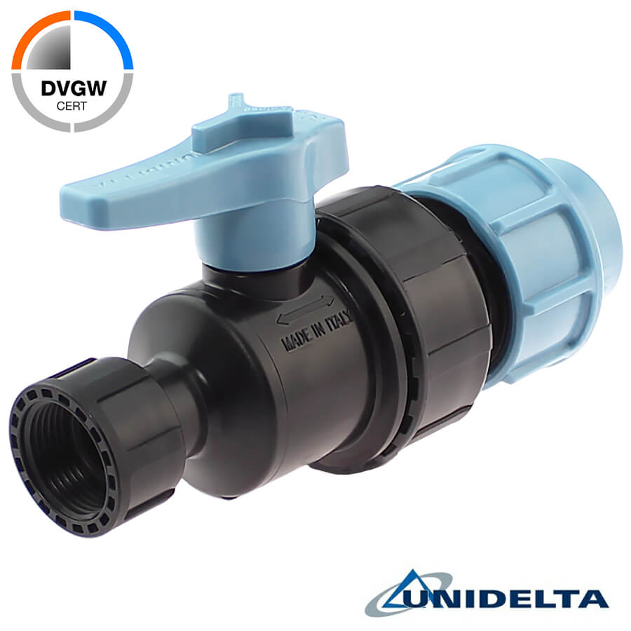 PP 2 way ball valve compression fitting x female thread with nut, DVGW