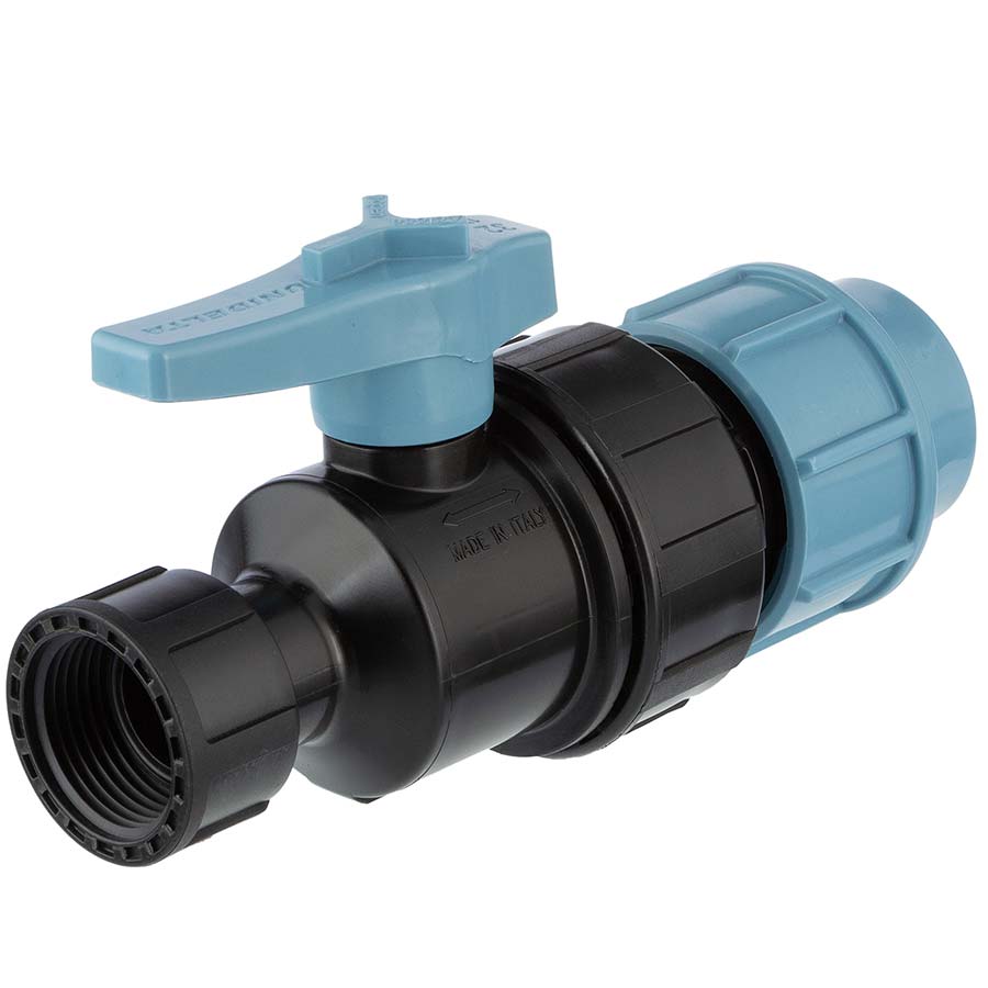 PP 2 way ball valve compression fitting x female thread with nut, DVGW