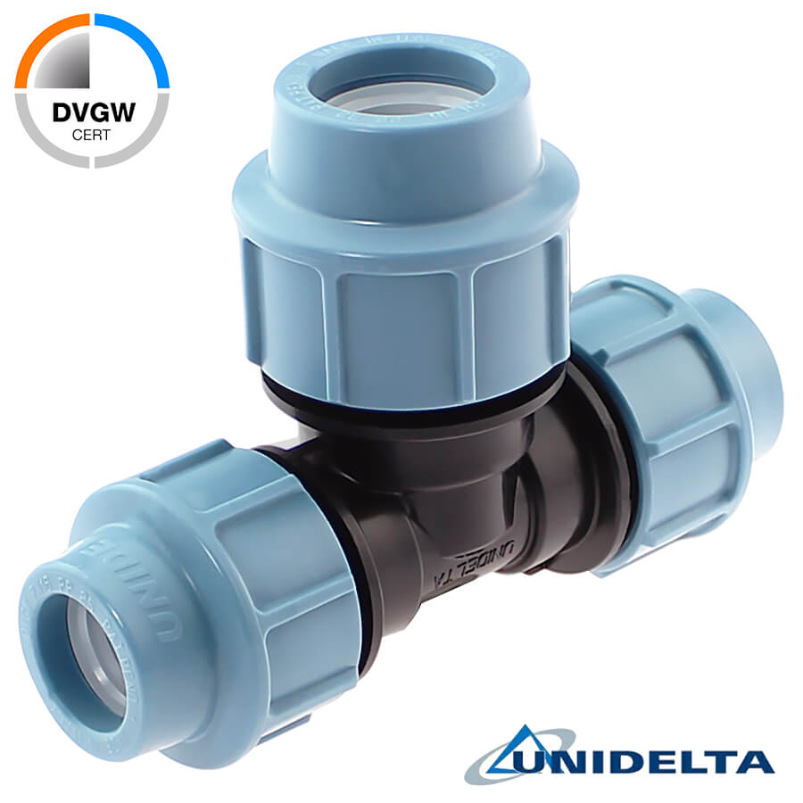 Tee 90° with increased take off compression fitting, DVGW