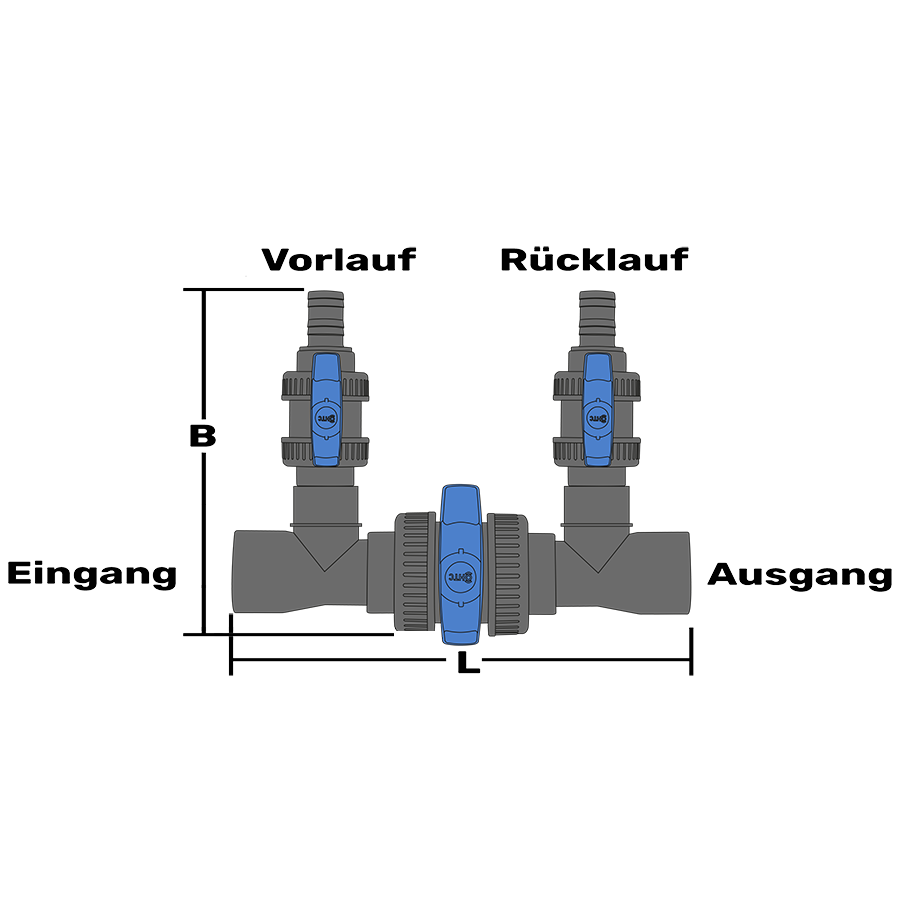 Poolheizung Bypass Klebemuffe 50mm x 2fach Schlauchtülle 32mm