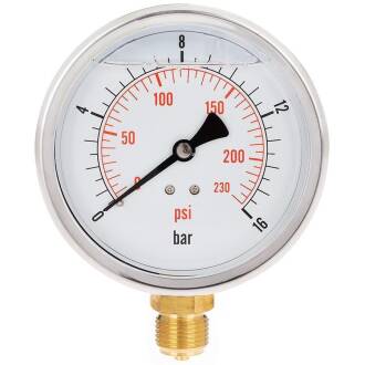 Manometer 4" V2A Glyzerinfüllung Anschluss radial 1/2" Aussengewinde Messing