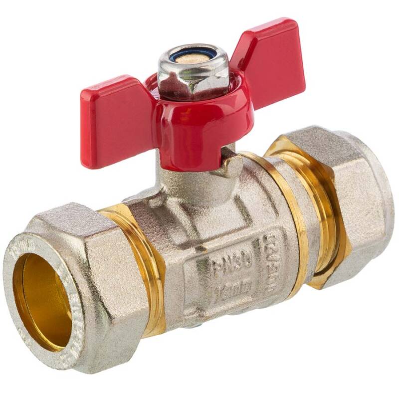 Brass ball valve compression fitting, for copper and steel pipes