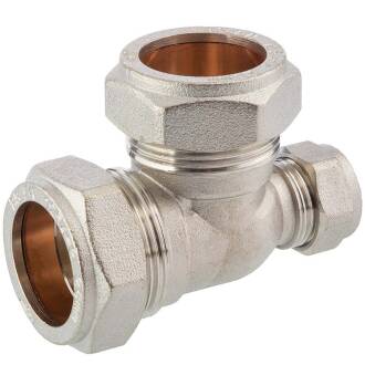 Brass reducing tee 90° compression fitting, for copper and steel pipes