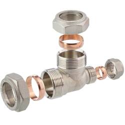 Brass reducing tee 90&deg; compression fitting, for copper and steel pipes