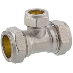 Brass reducing tee 90&deg; compression fitting, for copper and steel pipes