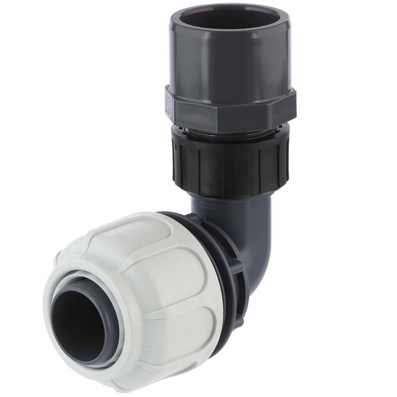 Compression fitting 90° BD FAST with solvent socket for PoolFlex solvent flexible pipes