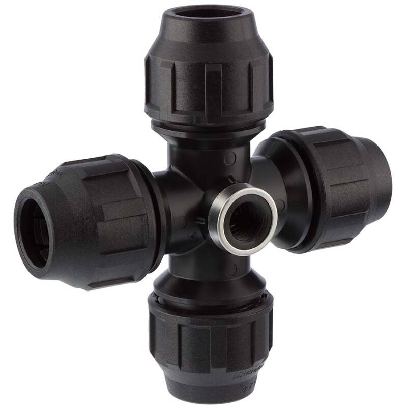 Cross compression fitting with central A2 ss female threaded coupling