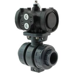 Valvola a sfera a 2 vie teflon/EPDM in PVC-U con attuatore pneumatico &quot;double acting&quot;, manicotto
