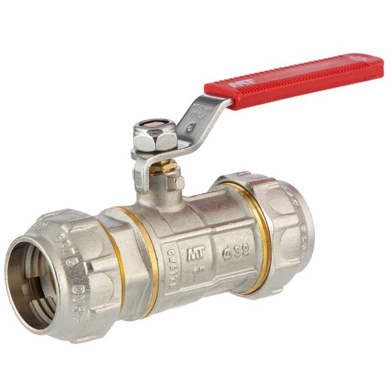 Brass ball valve compression fitting with steel handle, DVGW