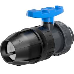 PVC-U Kugelhahn HDPE 2fach &Uuml;berwurf Klebemuffe x PP-Klemme f&uuml;r PE-Rohr