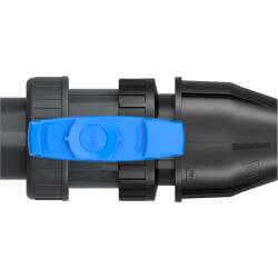 PVC-U Kugelhahn HDPE 2fach &Uuml;berwurf Klebemuffe x PP-Klemme f&uuml;r PE-Rohr