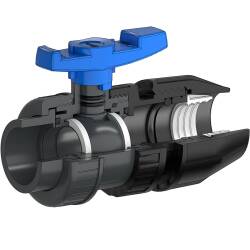 PVC-U Kugelhahn HDPE 2fach &Uuml;berwurf Klebemuffe x PP-Klemme f&uuml;r PE-Rohr