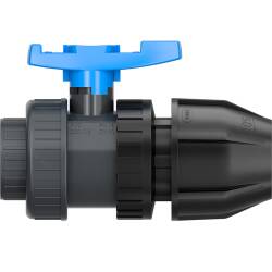 PVC-U Kugelhahn HDPE 2fach &Uuml;berwurf Innengewinde x PP-Klemme f&uuml;r PE-Rohr