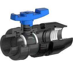 PVC-U Kugelhahn HDPE 2fach &Uuml;berwurf Innengewinde x PP-Klemme f&uuml;r PE-Rohr