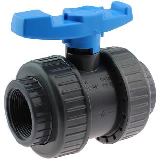 Valvola a sfera a 2 vie in PVC-U e HDPE filetto femmina con doppia ghiera