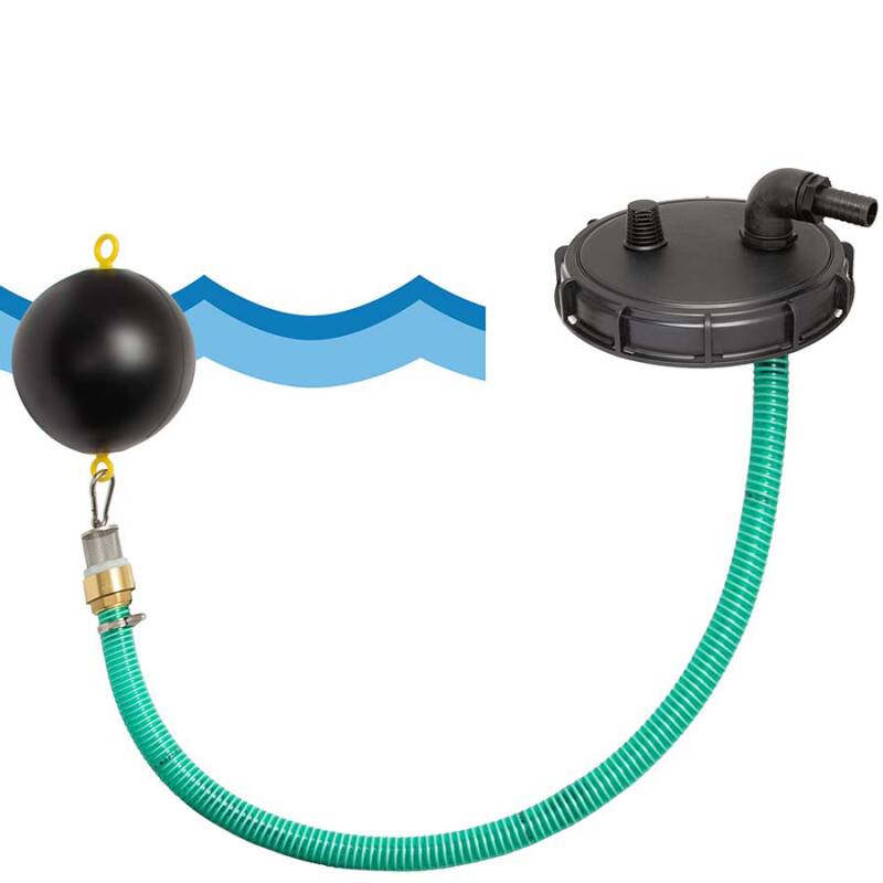 Upper cap with hose, ventilation and floating ball for IBC container