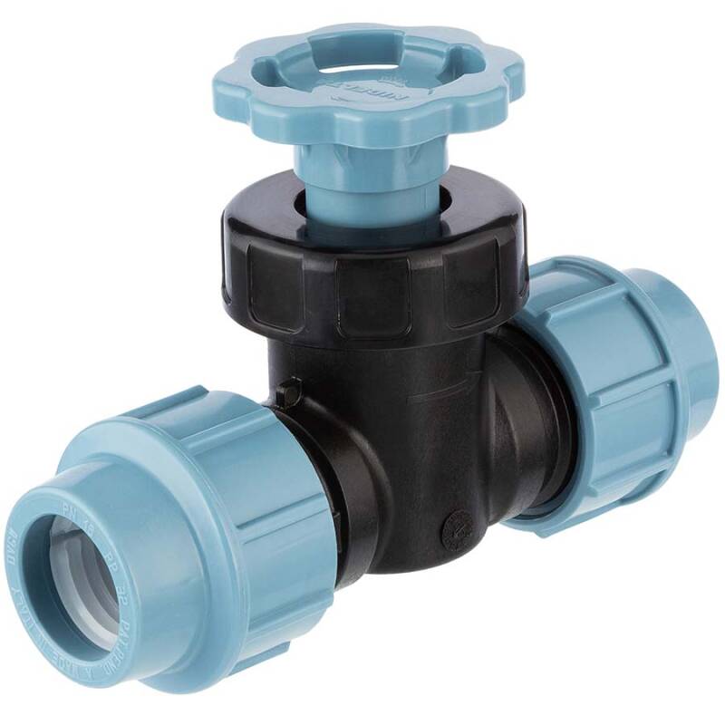 PP straight valve with compression fittings, DVGW Unidelta