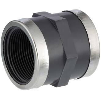 PVC-U Gewindemuffe, 2fach Innengwinde V2A Ring