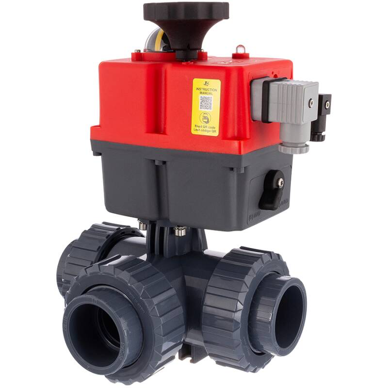 U-PVC 3 way solvent ball valve with electrical actuator 24 - 240 AC/DC with T-pattern