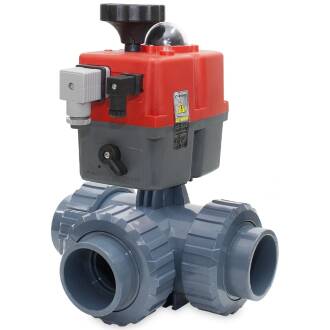 U-PVC 3 way solvent ball valve with electrical actuator 24 - 240 AC/DC with T-pattern 50mm