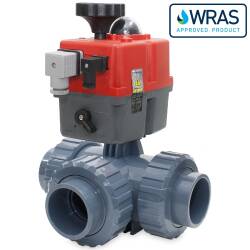 U-PVC 3 way solvent ball valve with electrical actuator 24 - 240 AC/DC with T-pattern 50mm